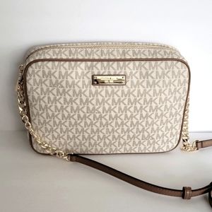 MICHAEL KORS Jet Set Cream/Brown Crossbody Gold Chain